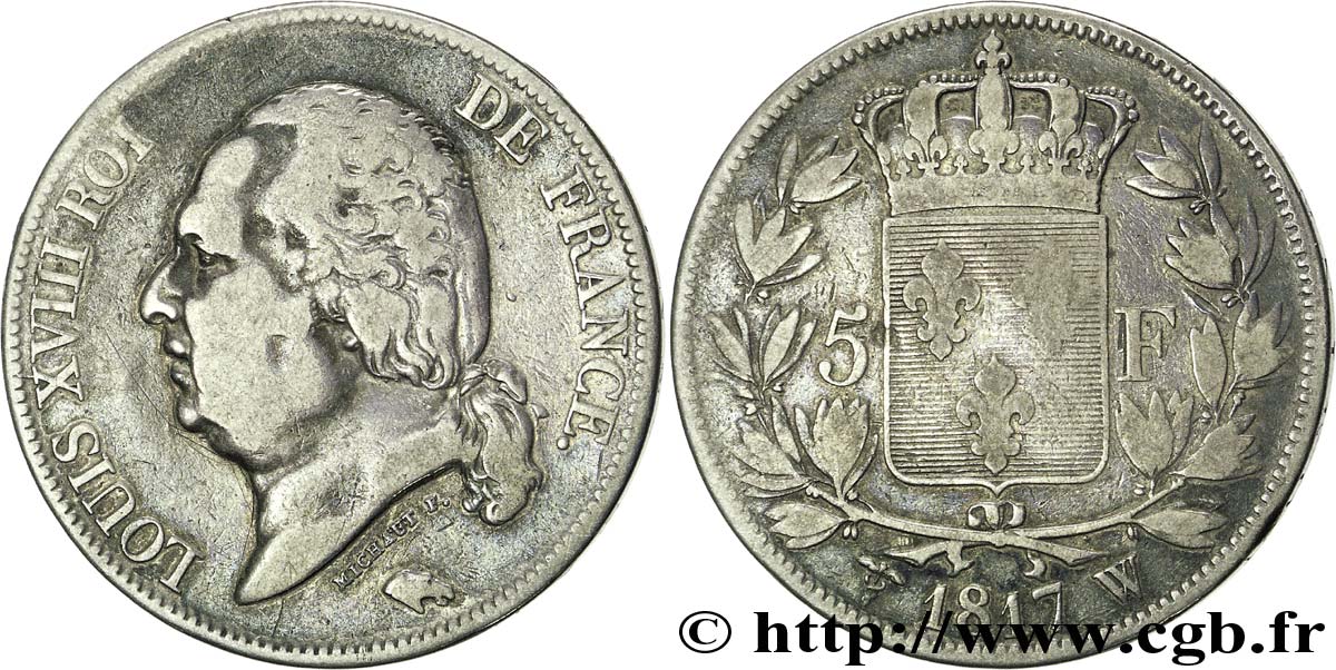5 francs Louis XVIII, tête nue 1817 Lille F.309/27 TB25 