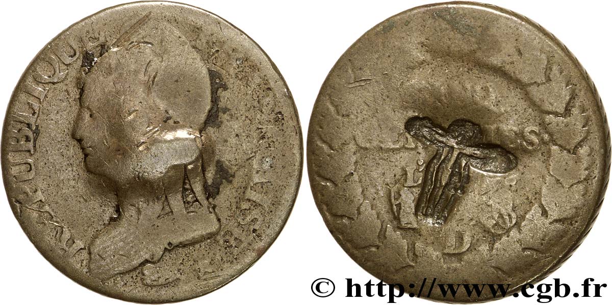 Cinq centimes Dupré, grand module, contremarquée satirique 1797 Lyon F.115/22 var. B8 