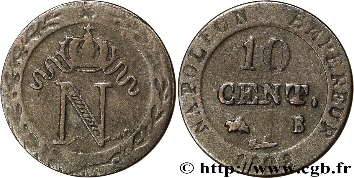 Faux de 10 cent. à l N couronnée 1808 Rouen F.130/3 var. S30 