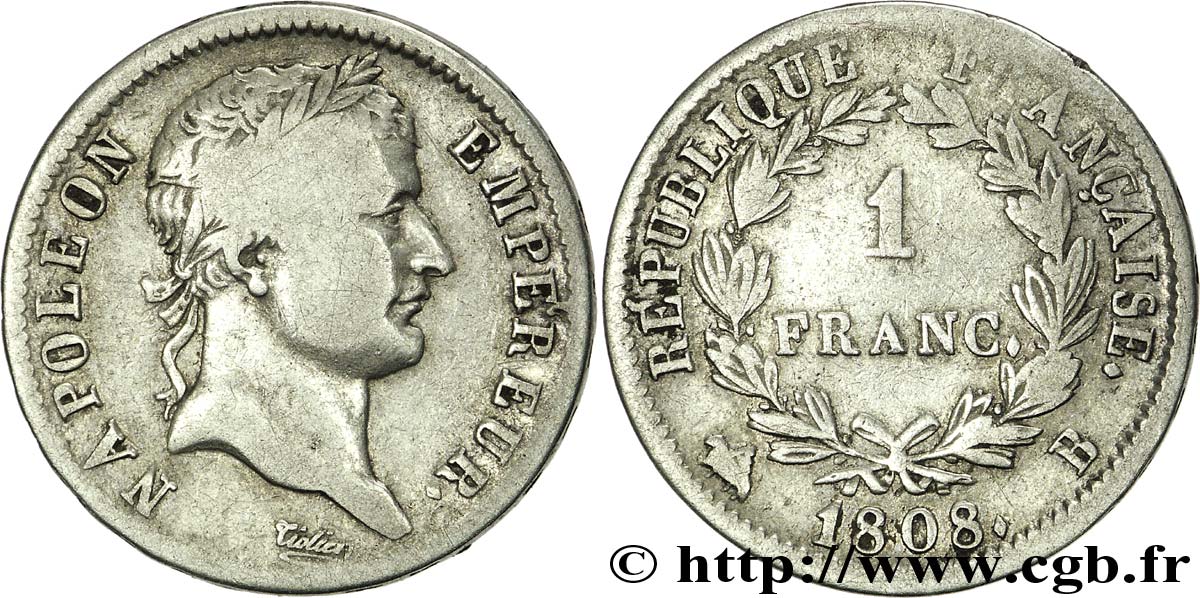 1 franc Napoléon Ier tête laurée, République française 1808 Rouen F.204/3 TB25 