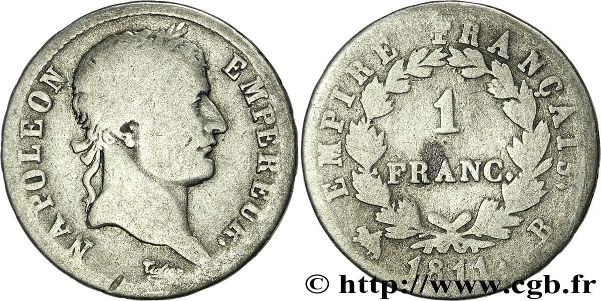 1 franc Napoléon Ier tête laurée, Empire français 1811 Rouen F.205/29 B6 