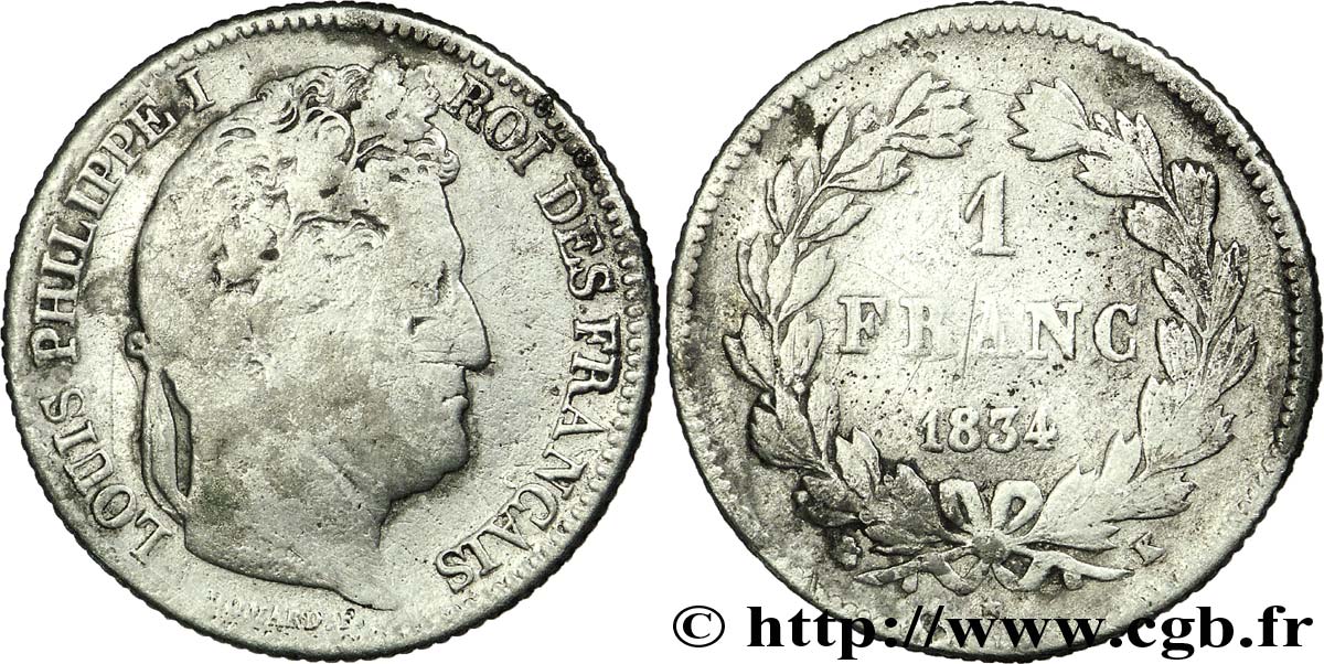 1 franc Louis-Philippe, couronne de chêne 1834 Bordeaux F.210/33 B14 