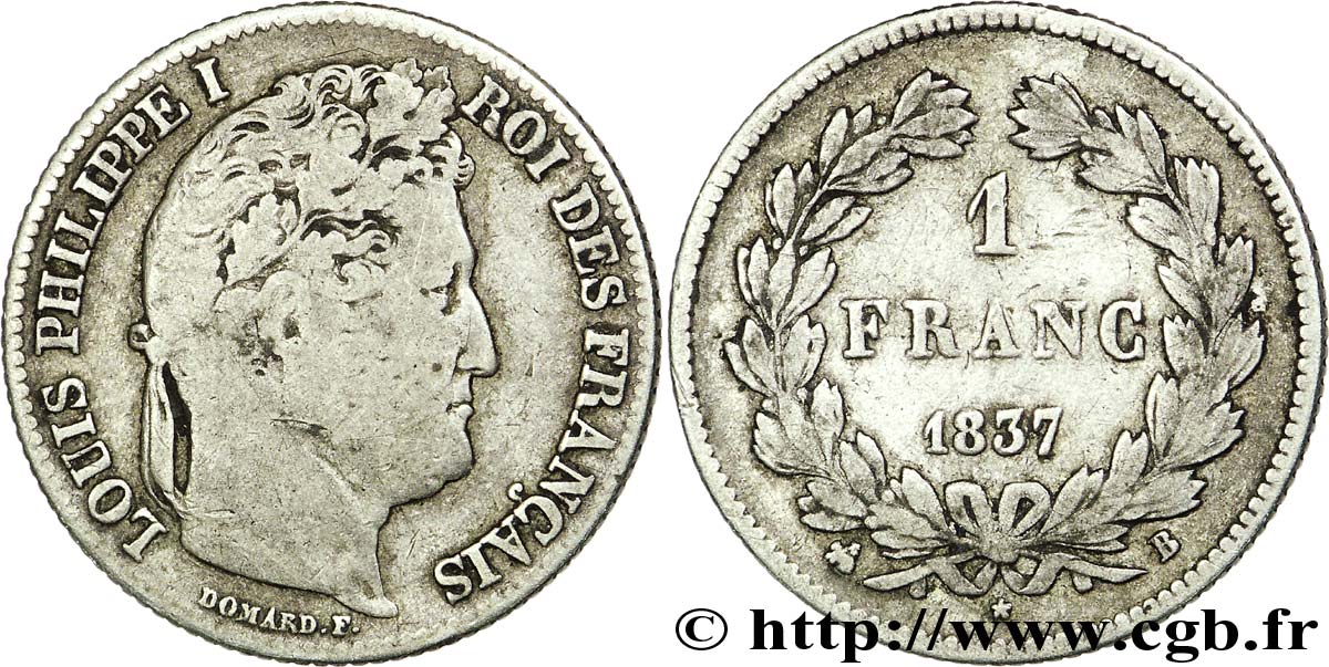 1 franc Louis-Philippe, couronne de chêne 1837 Rouen F.210/56 TB25 