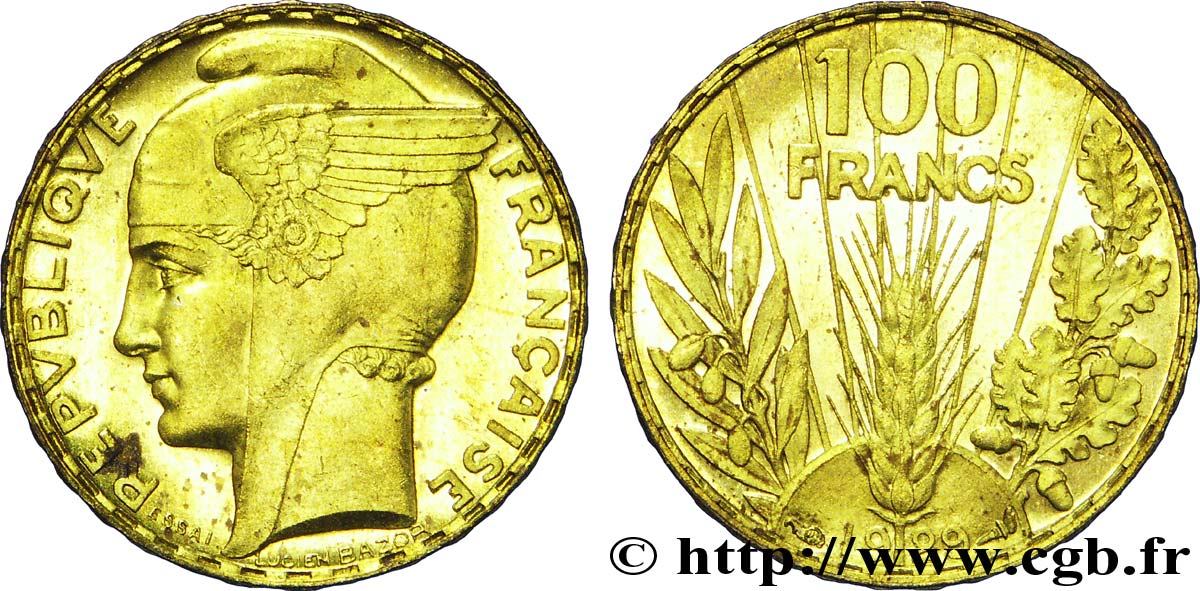 Concours de 100 francs or, essai de Bazor en bronze-aluminium 1929 Paris VG.5216 var. SPL63 