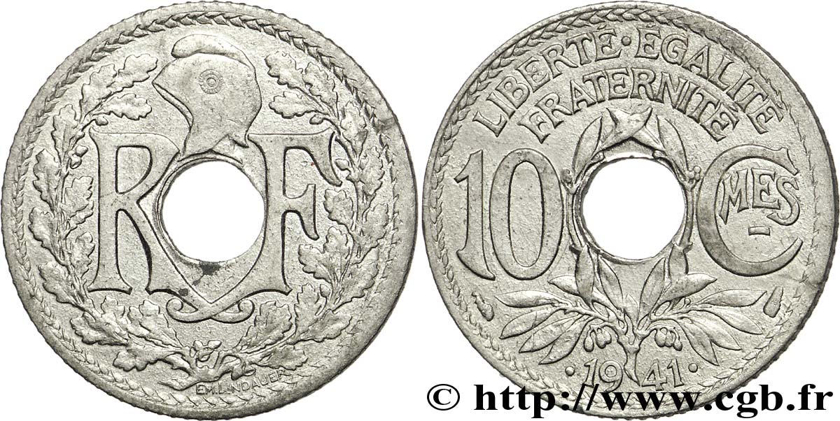 10 centimes Lindauer en zinc, Cmes souligné et millésime avec points 1941 Paris F.140/2 SPL62 