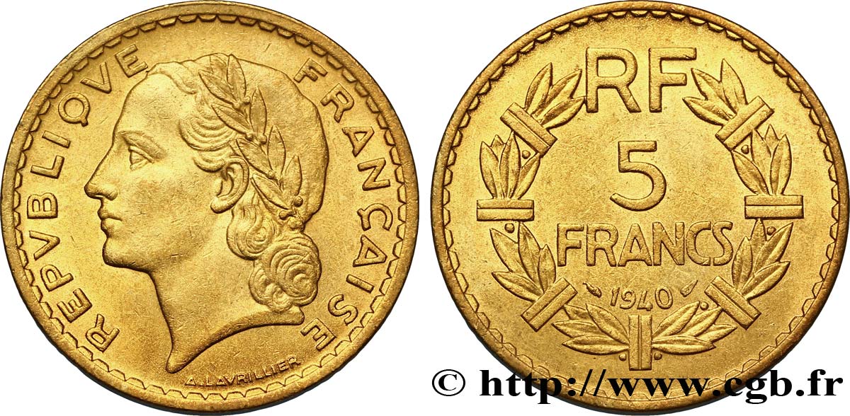 5 francs Lavrillier, bronze-aluminium 1940 Paris F.337/4 SUP58 