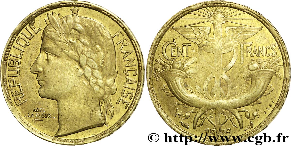 Essai de 100 francs, La Fleur, Bronze-Aluminium 1929 Paris VG.5220  XF45 