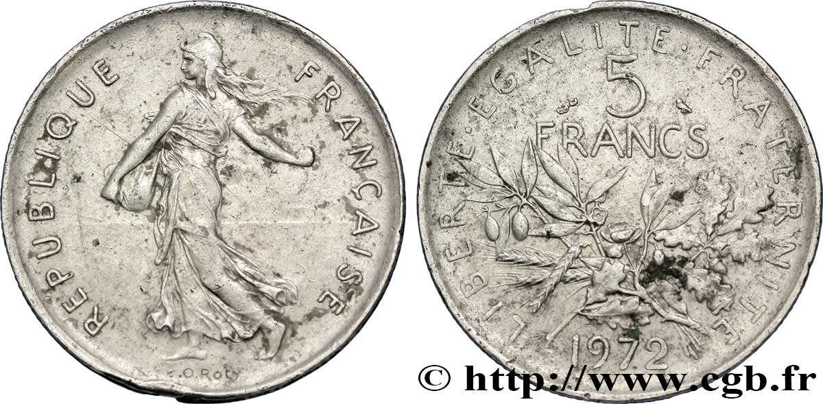5 francs Semeuse, nickel, exemplaire d’étude 1972 Paris F.341/4 var. TTB45 