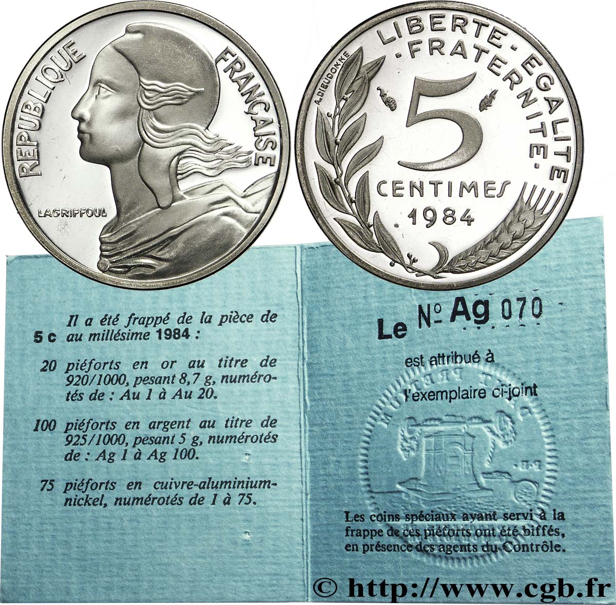 Piéfort argent de 5 centimes Marianne 1984 Pessac F.125/20P ST67 