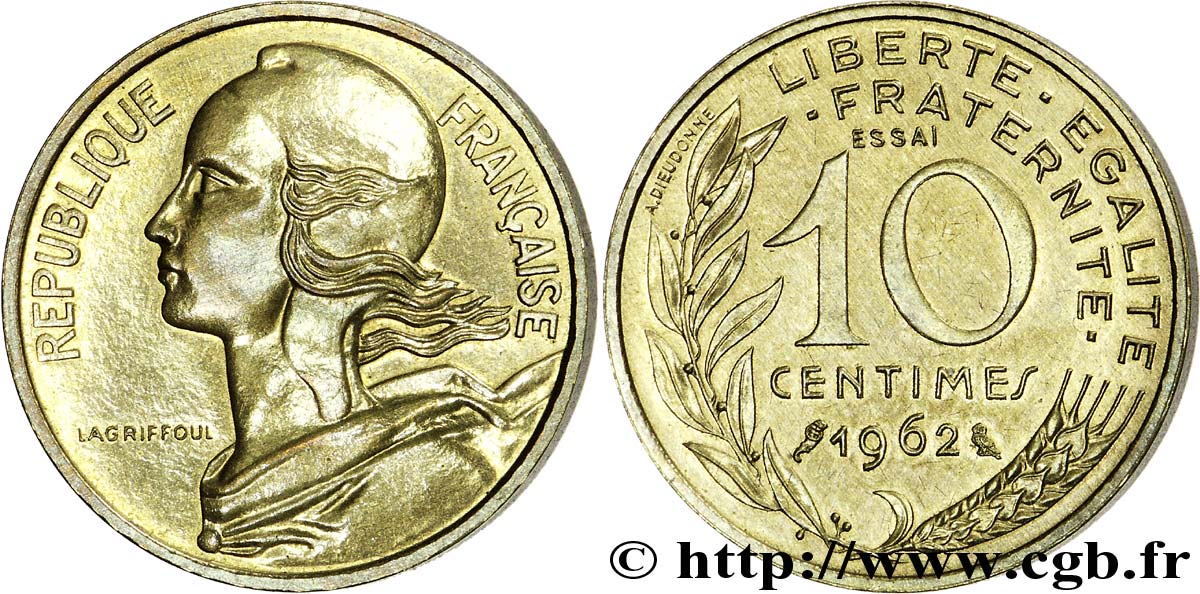 Essai-piéfort de 10 centimes Marianne, flan brillant 1962 Paris F.144/1P SPL63 