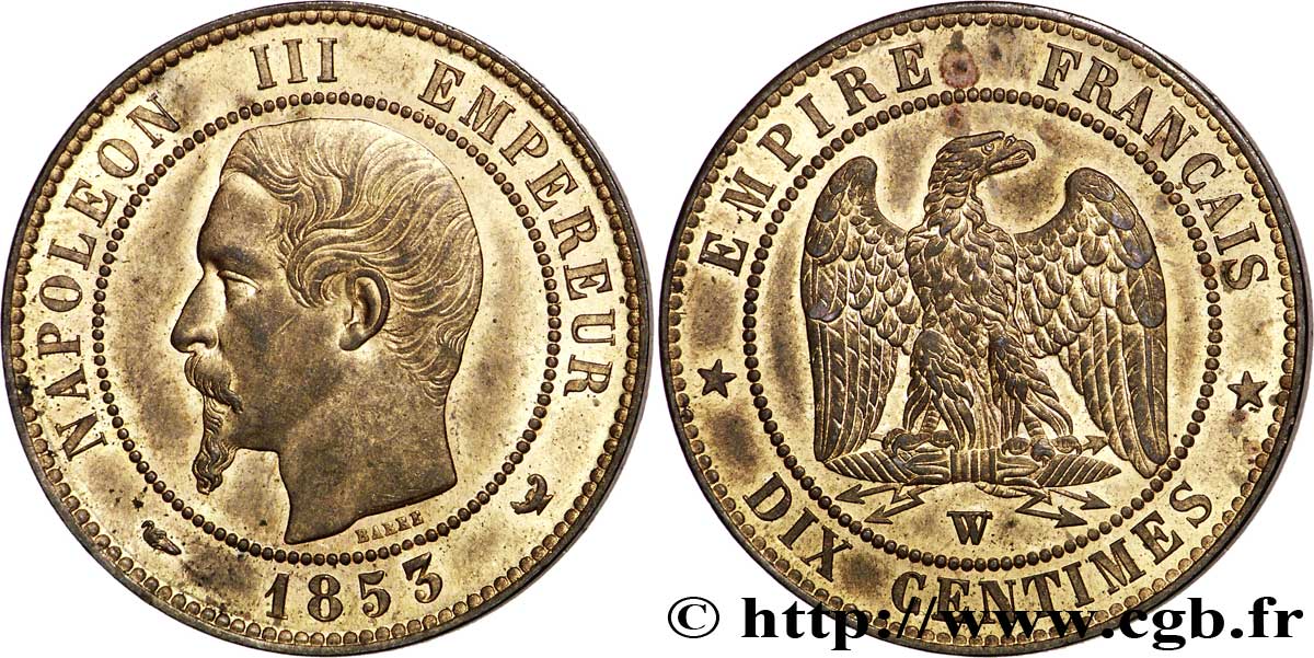 Dix centimes Napoléon III, tête nue 1853 Lille F.133/10 EBC62 