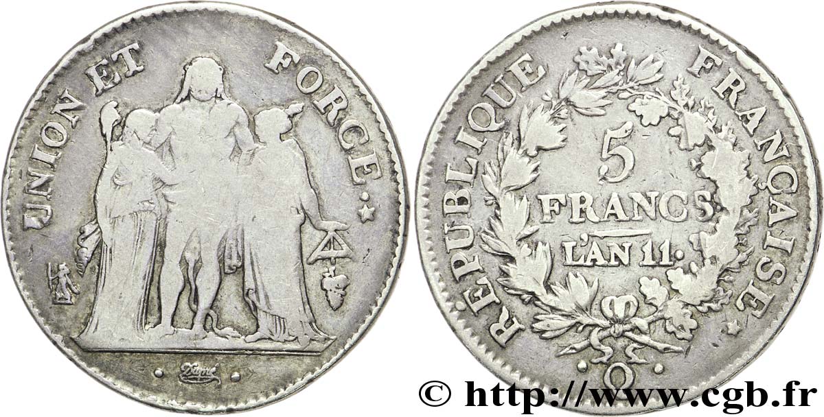 5 francs Union et Force, Union serré, seulement glands intérieurs 1803 Perpignan F.288/197 TB15 