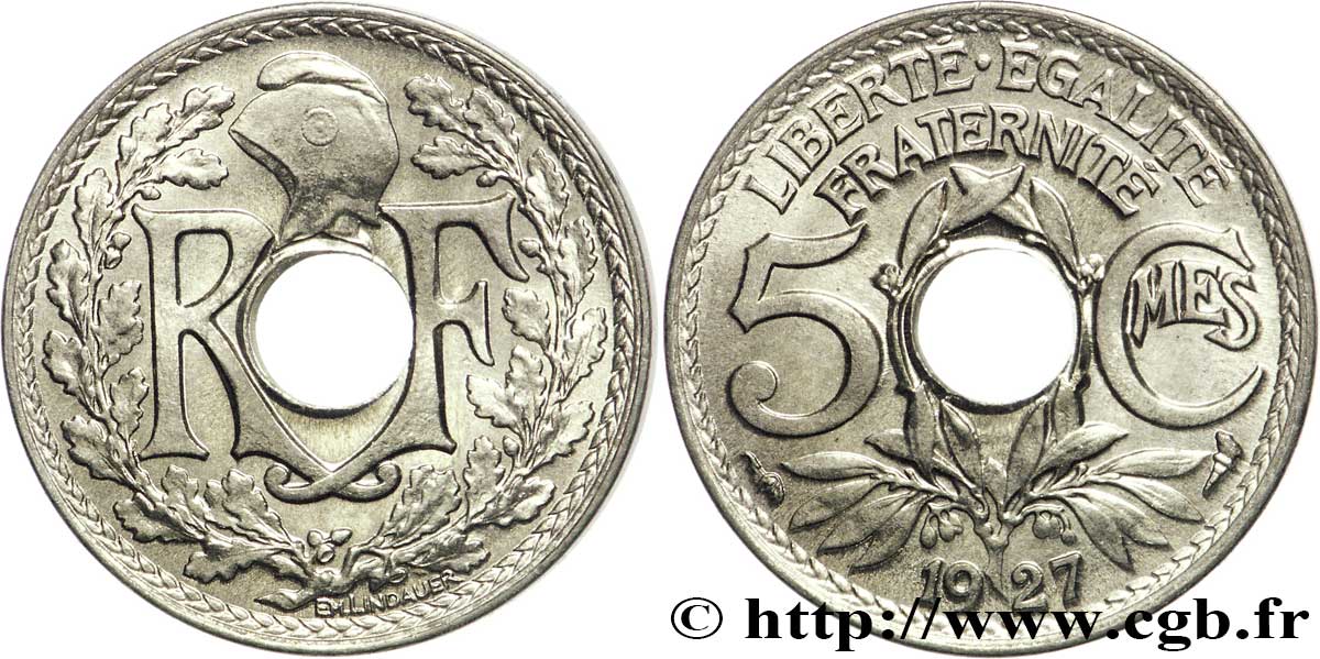 5 centimes Lindauer, petit module 1927  F.122/12 ST65 