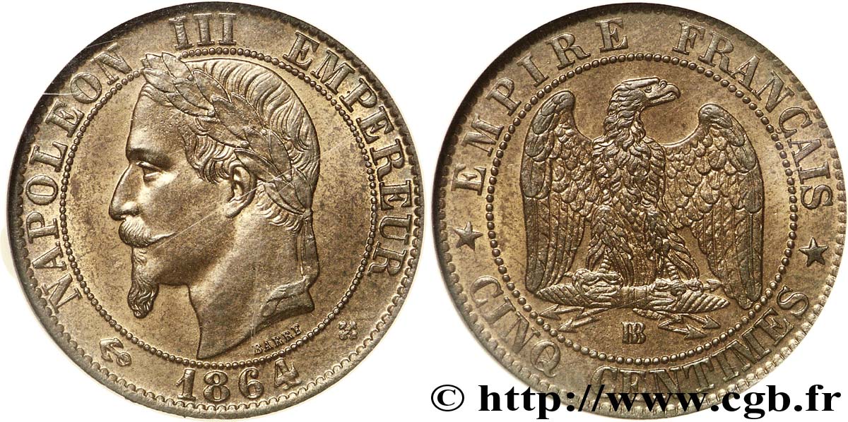 Cinq centimes Napoléon III, tête laurée 1864 Strasbourg F.117/14 SPL63 