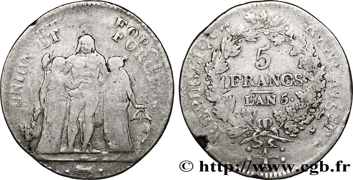 5 francs Union et Force, Union serré, seulement gland extérieur 1797 Paris F./ var. TB15 