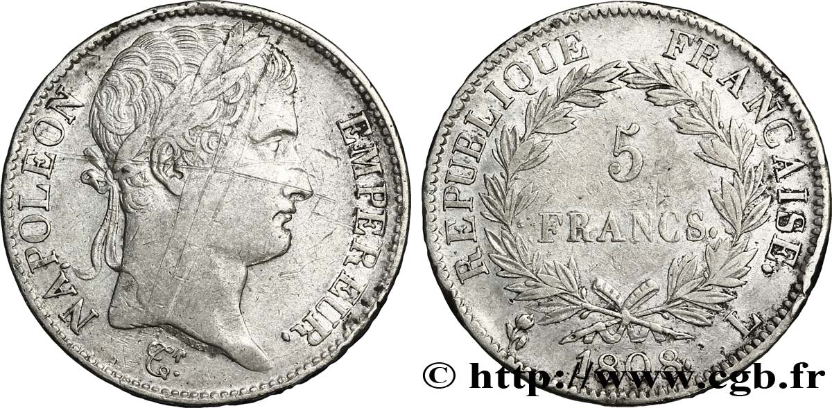 5 francs Napoléon Empereur, République française 1808 Bayonne F.306/9 TTB47 