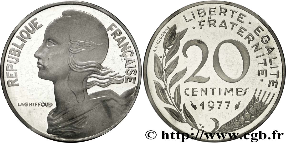 Piéfort argent de 20 centimes Marianne 1977 Pessac F.156/17P MS68 