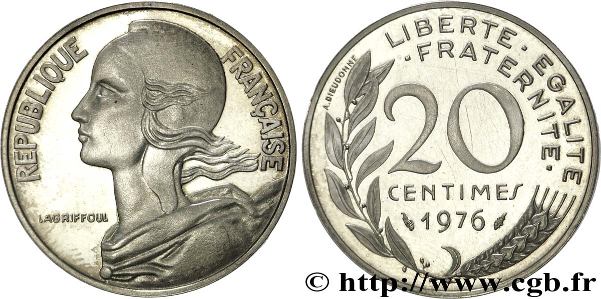 Piéfort argent de 20 centimes Marianne 1976 Pessac F.156/16P ST65 