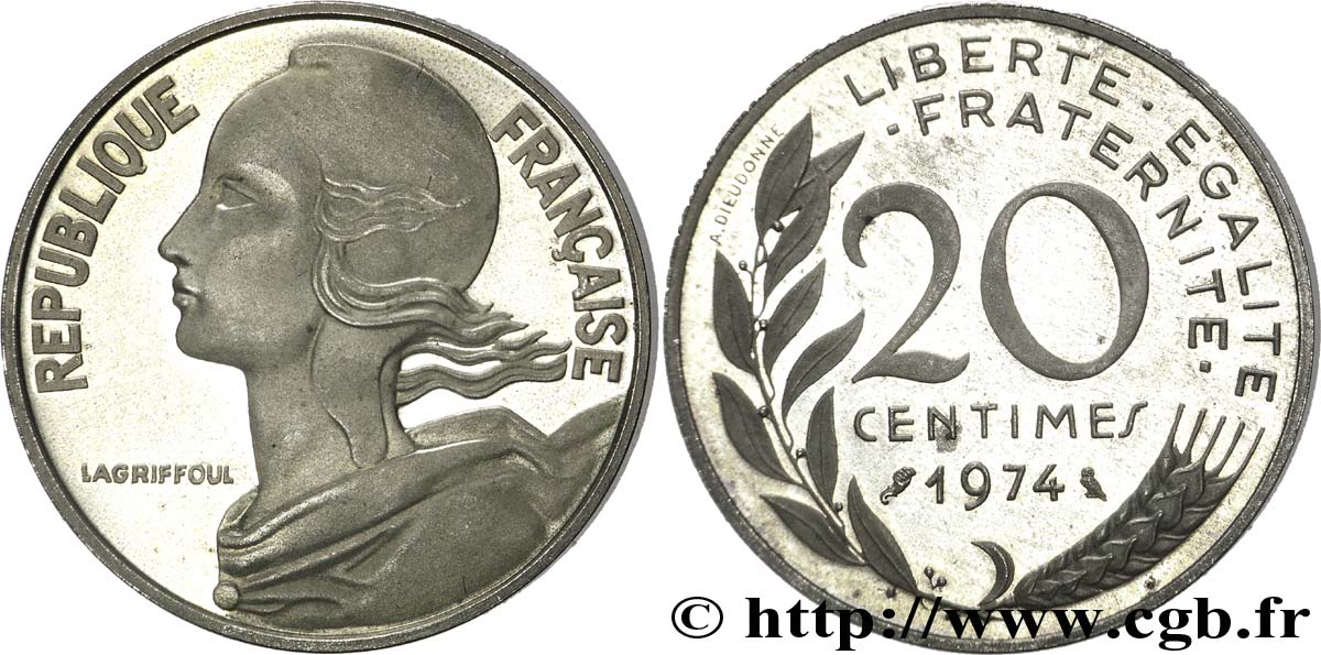 Piéfort argent de 20 centimes Marianne 1974 Pessac F.156/14P FDC68 