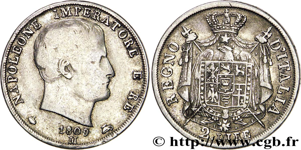 2 lire Napoléon Empereur et Roi d’Italie 1809 Milan KM/WC.19/9.1  XF40 