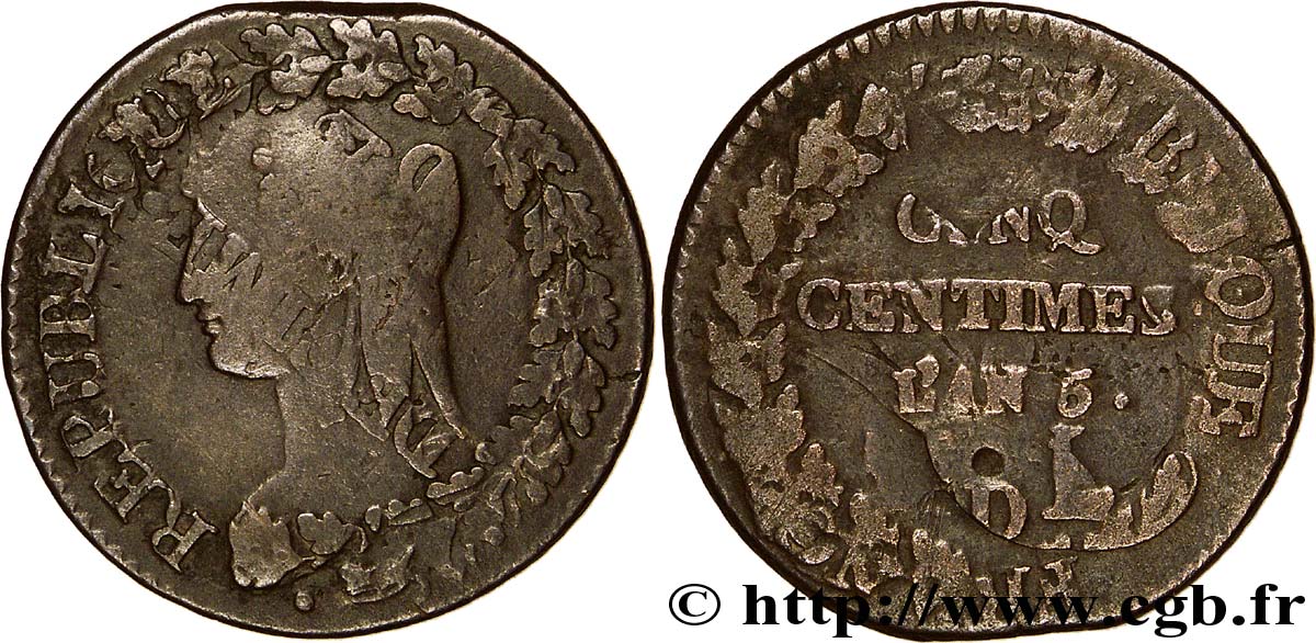 Cinq centimes Dupré, grand module,  refrappage  du décime 1797 Lyon F.114/7 TB15 