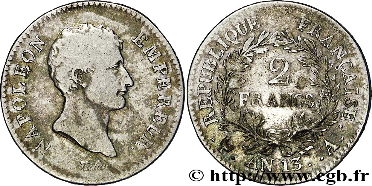 2 francs Napoléon Empereur, Calendrier révolutionnaire 1805 Paris F.251/12 VF20 