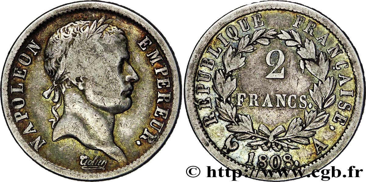 2 francs Napoléon Ier tête laurée, République française 1808 Paris F.254/4 F18 