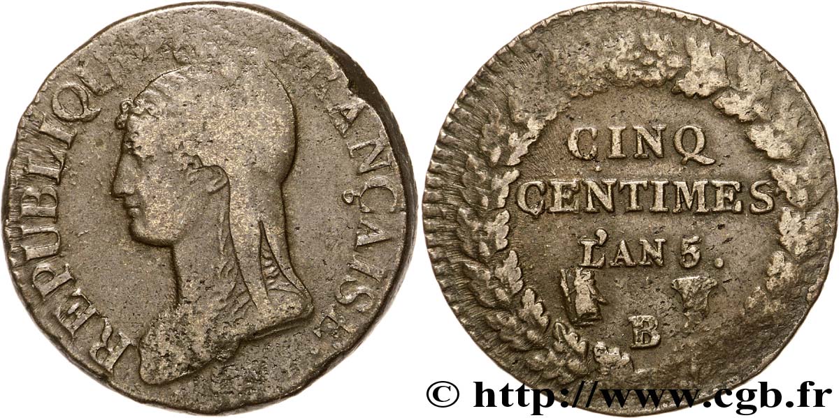Cinq centimes Dupré, grand module, petit B 1797 Rouen F.115/10 BC20 