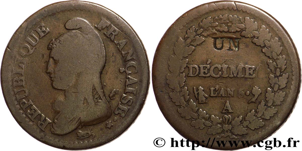 Un décime Dupré, modification du 2 décimes 1797 Paris F.127/5 B12 