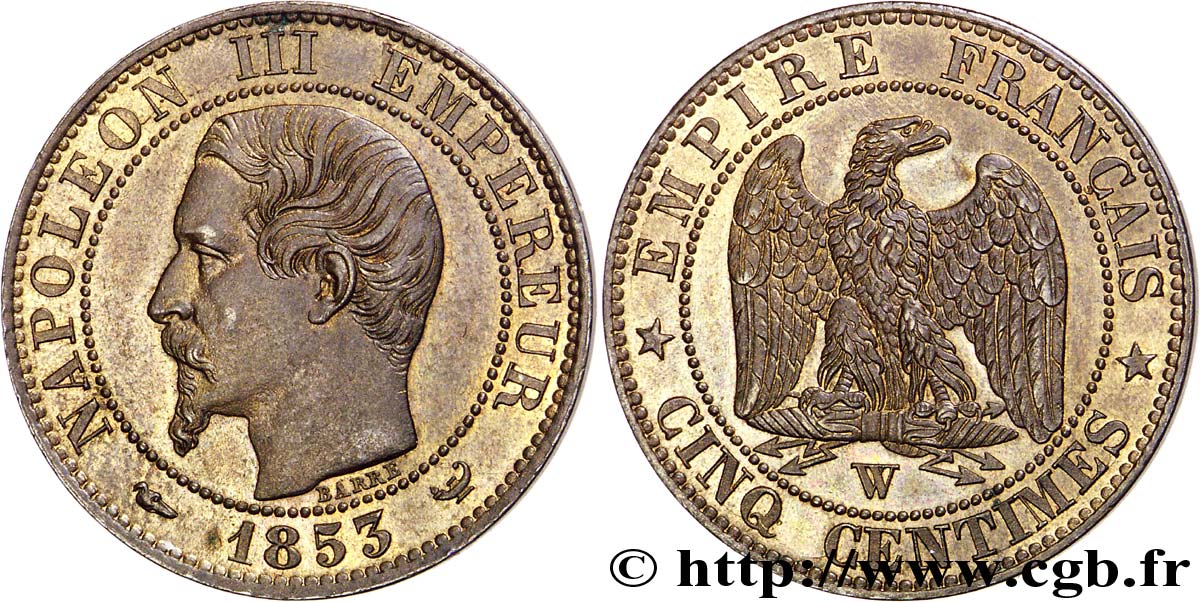Cinq centimes Napoléon III, tête nue 1853 Lille F.116/7 SUP59 