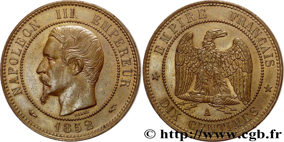 Dix centimes Napoléon III, tête nue 1852 Paris F.133/1 VZ59 
