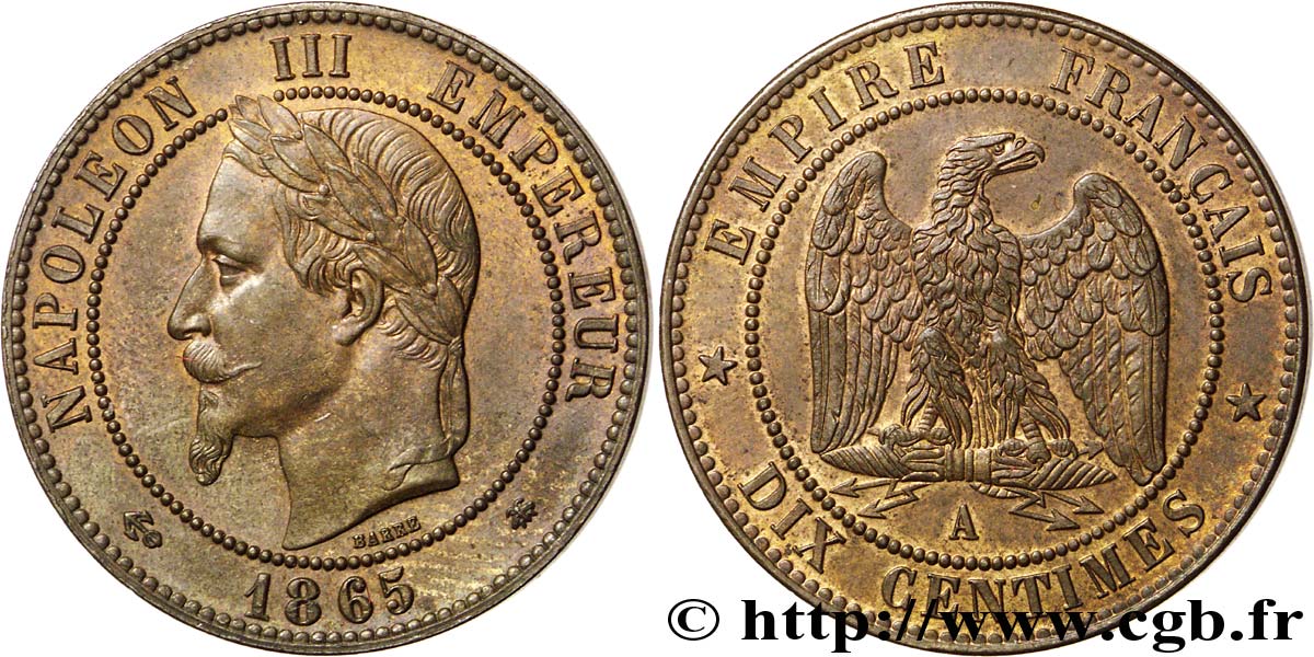 Dix centimes Napoléon III, tête laurée 1865 Paris F.134/16 VZ60 