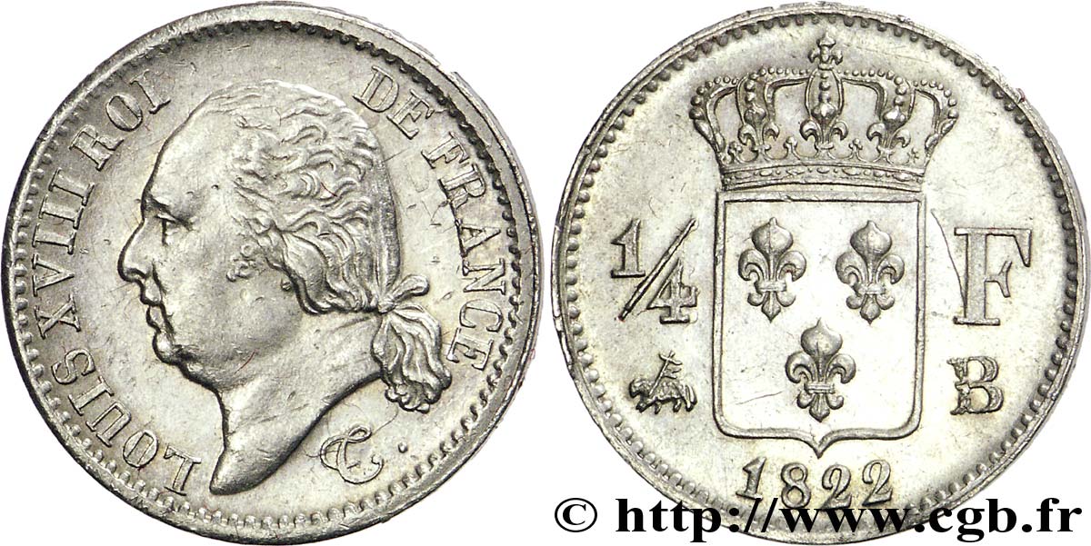 1/4 franc Louis XVIII 1822 Rouen F.163/22 SUP58 