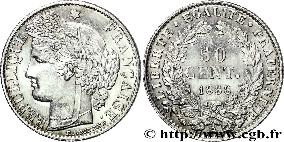 50 centimes Cérès, Troisième République 1888 Paris F.189/13 SUP61 