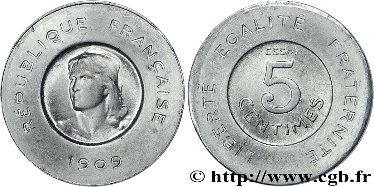 Essai en aluminium de 5 centimes Rude 1909 Paris VG.4639  EBC60 