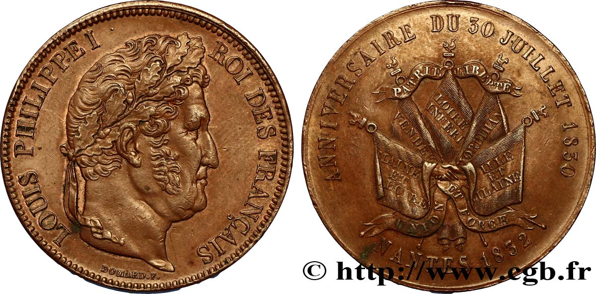 Module de 5 francs en cuivre commémorant l’anniversaire du 30 juillet 1830 1832 Nantes F.324/12 var. AU55 