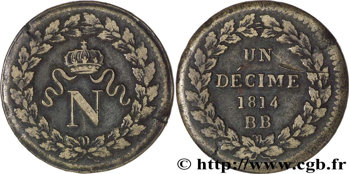 Un décime à l’N couronnée 1814 Strasbourg F.131/1 TTB42 