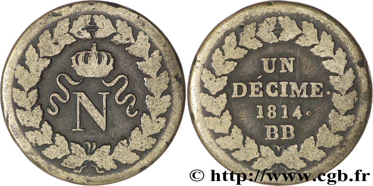 Un décime à l’N couronnée 1814 Strasbourg F.131/3 TB25 