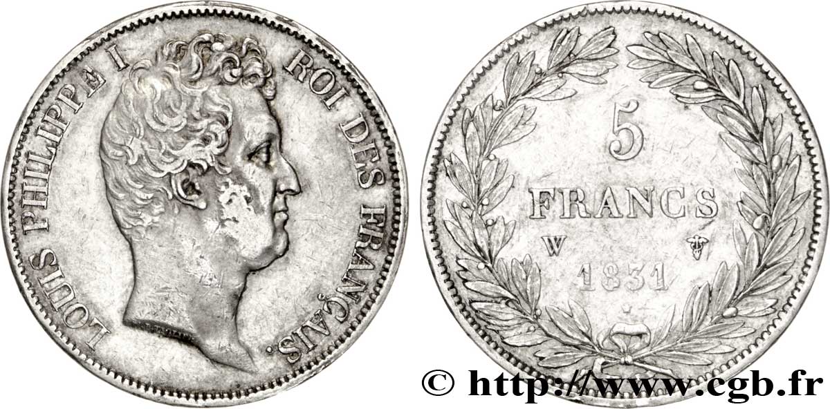 5 francs type Tiolier avec le I, tranche en creux 1831 Lille F.315/27 BB48 
