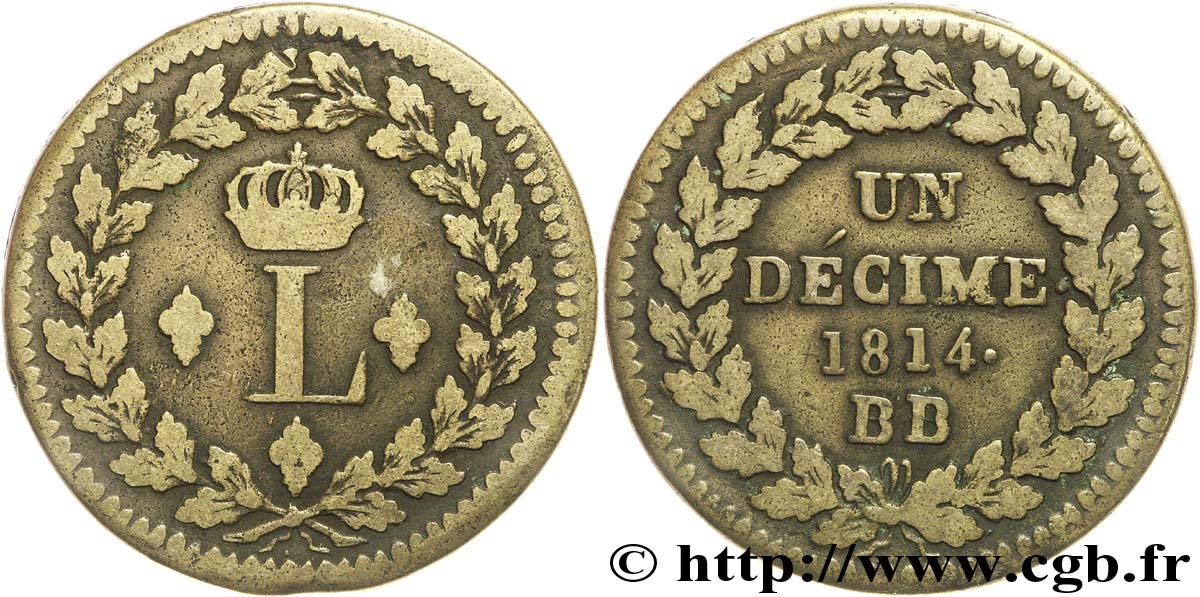 Un décime à l’L couronnée 1814 Strasbourg F.132/1 TB25 