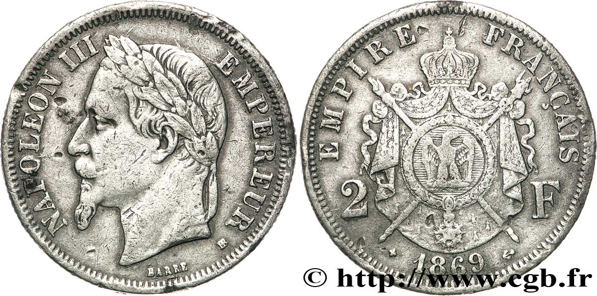 Faux de 2 francs Napoléon III, tête laurée 1869 Strasbourg F.263/11 var. TTB45 