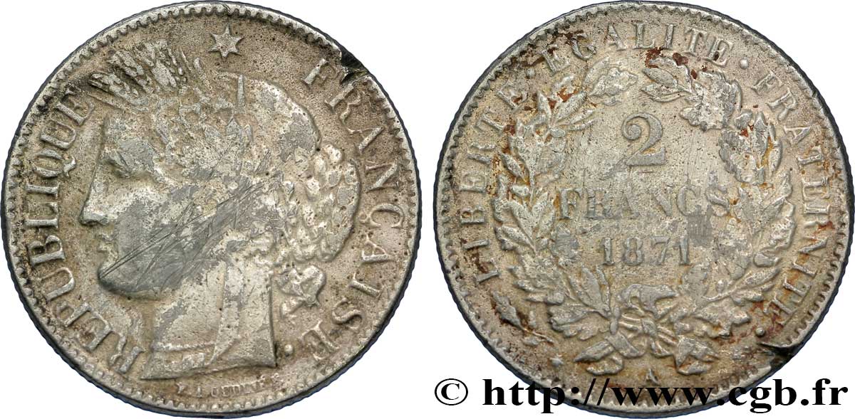 Faux de 2 francs Cérès, avec légende 1871 Paris F.265/4 var. TTB45 