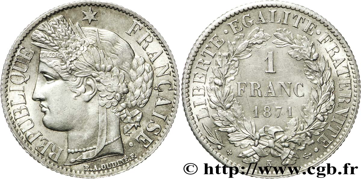 1 franc Cérès, Troisième République 1871 Bordeaux F.216/3 SUP62 