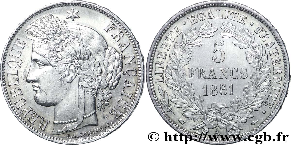 5 francs Cérès, IIe République 1851 Paris F.327/7 SPL60 
