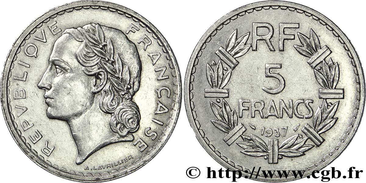 5 francs Lavrillier, nickel 1937  F.336/6 BB51 