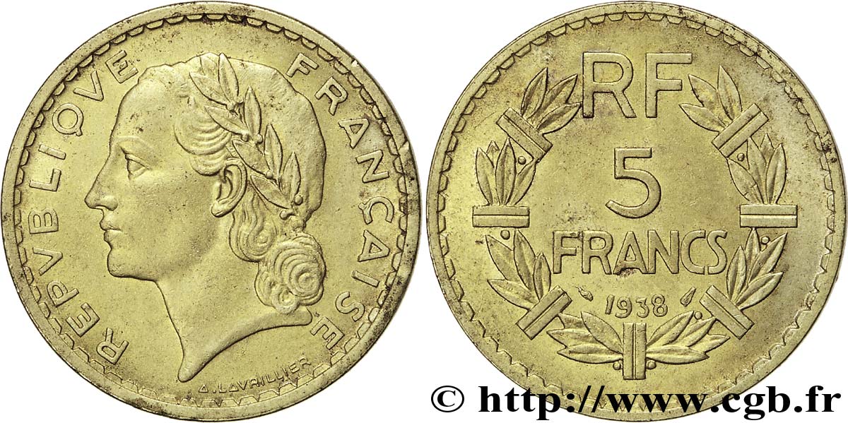 5 francs Lavrillier, bronze-aluminium 1938  F.337/1 SUP56 