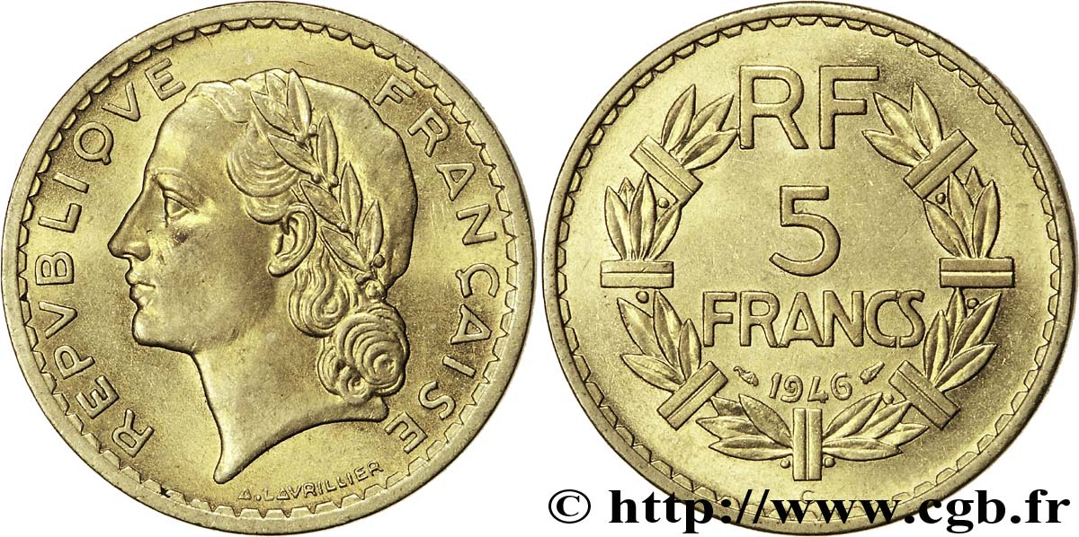 5 francs Lavrillier, bronze-aluminium 1946 Castelsarrasin F.337/8 SPL62 