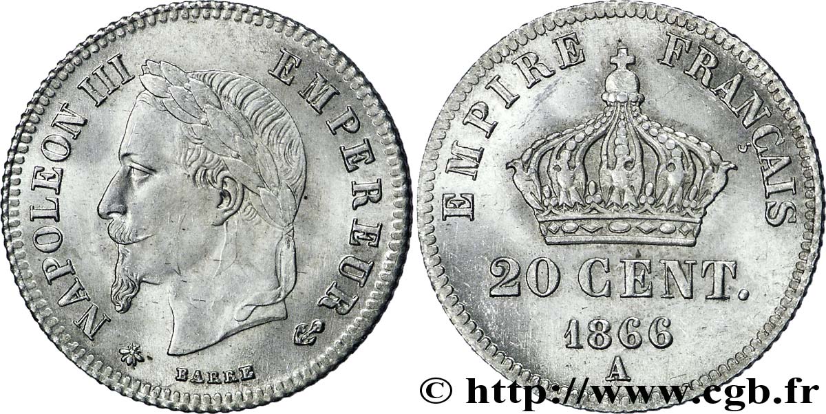 20 centimes Napoléon III, tête laurée, petit module 1866 Paris F.149/4 EBC62 