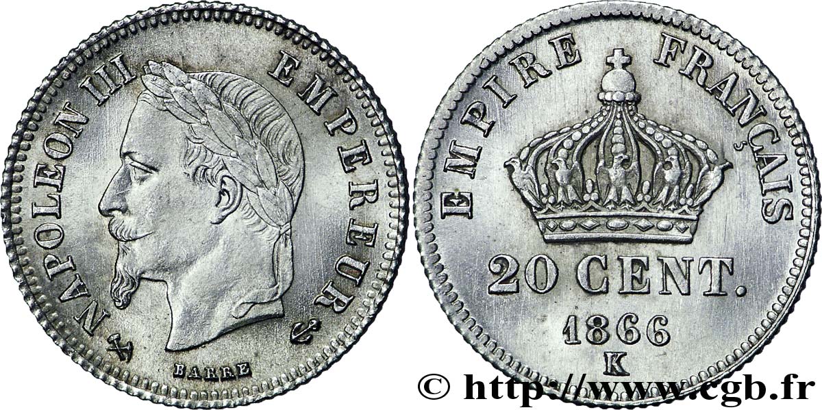 20 centimes Napoléon III, tête laurée, petit module 1866 Bordeaux F.149/6 MS63 
