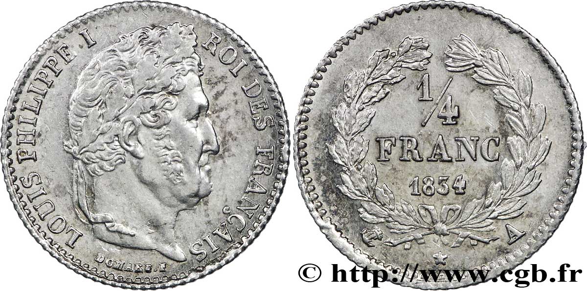 1/4 franc Louis-Philippe 1834 Paris F.166/37 AU59 